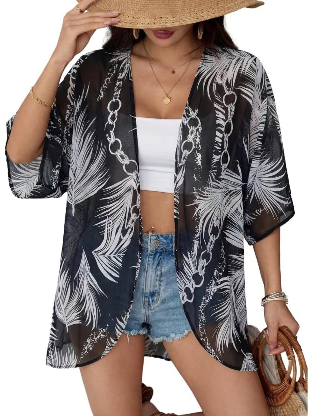 Women Tropical Retro Chiffon Kimono Cardigan Open Front Blouse Swimwear Cover Up